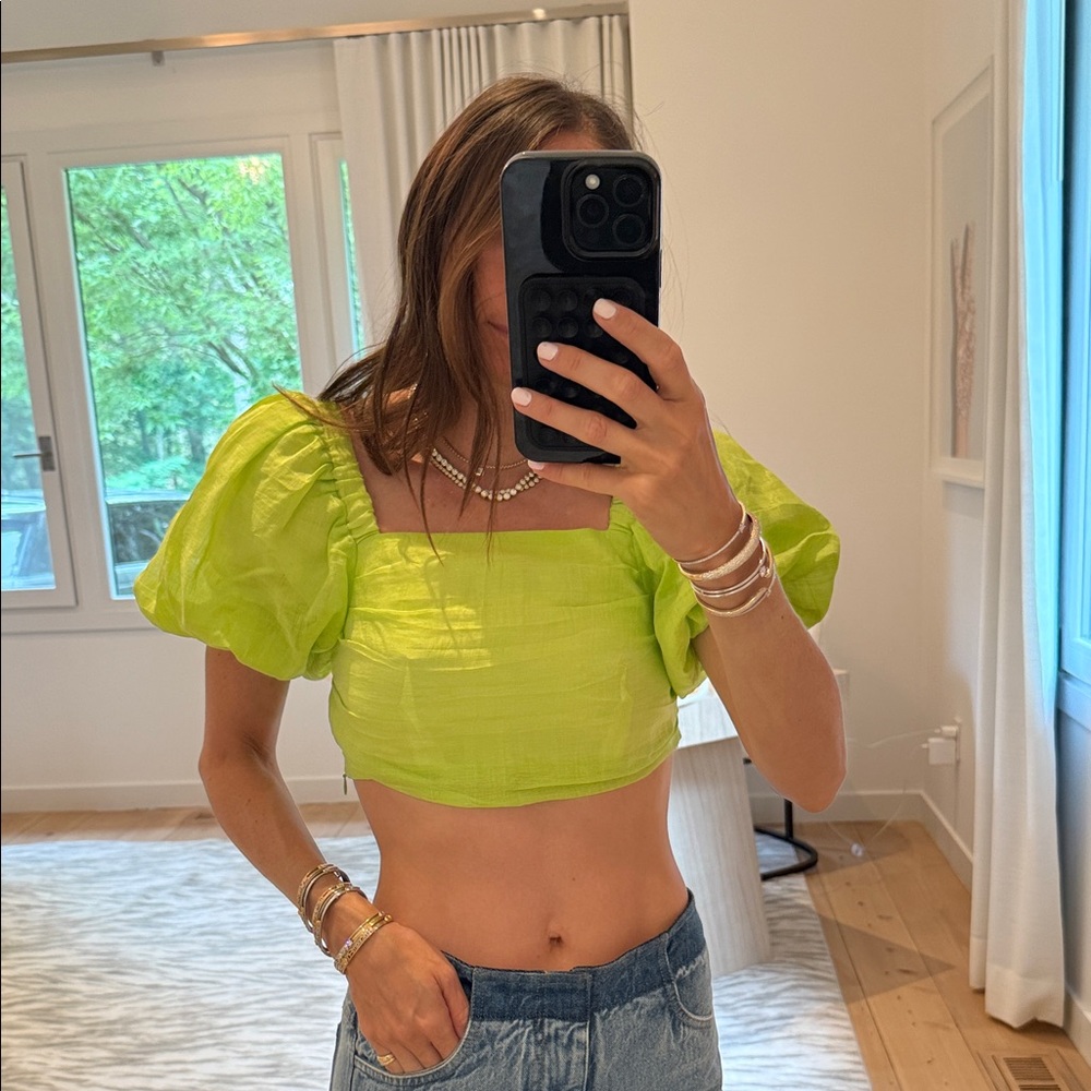 Sandro Bright Green Puff Sleeve Crop Top